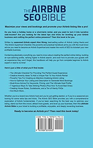 Back cover of a book titled 'The Airbnb SEO Bible' with promotional text and tips.