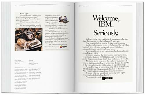 Open book showing Apple advertisement and text about computing history.